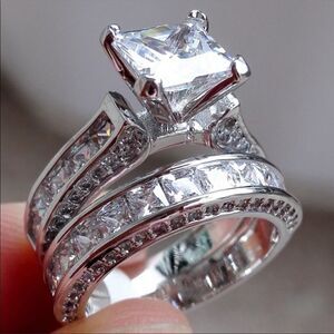 New 925 Silver Princess Cut Diamond Ring Set